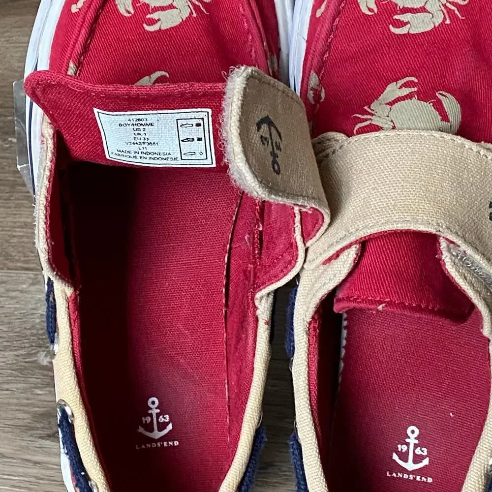 Lands End Canvas Boat Shoes Boy Sz 2 Red Tan Crab Strapped